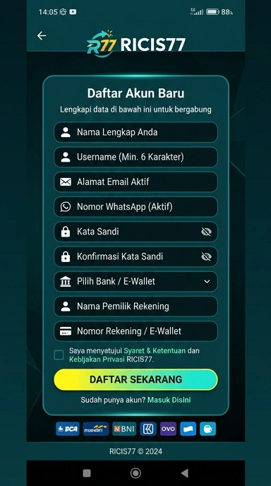 Tampilan halaman daftar ricis77